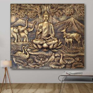 Budha Fibre Mural Elephant with Deer Size - 49" Inches x 56" inches